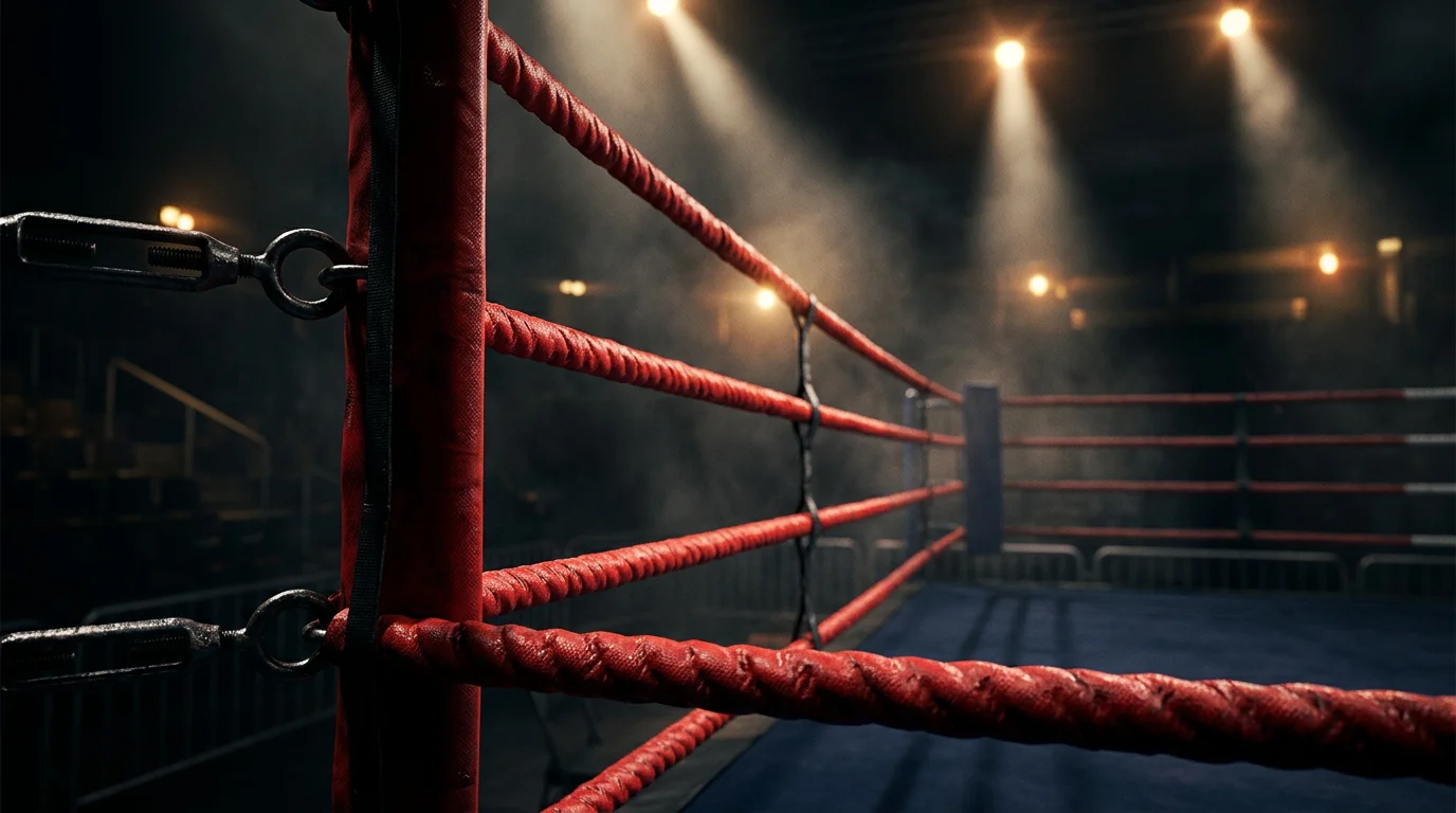 Boxing ring ropes with overhead lighting before a bout in a UK arena