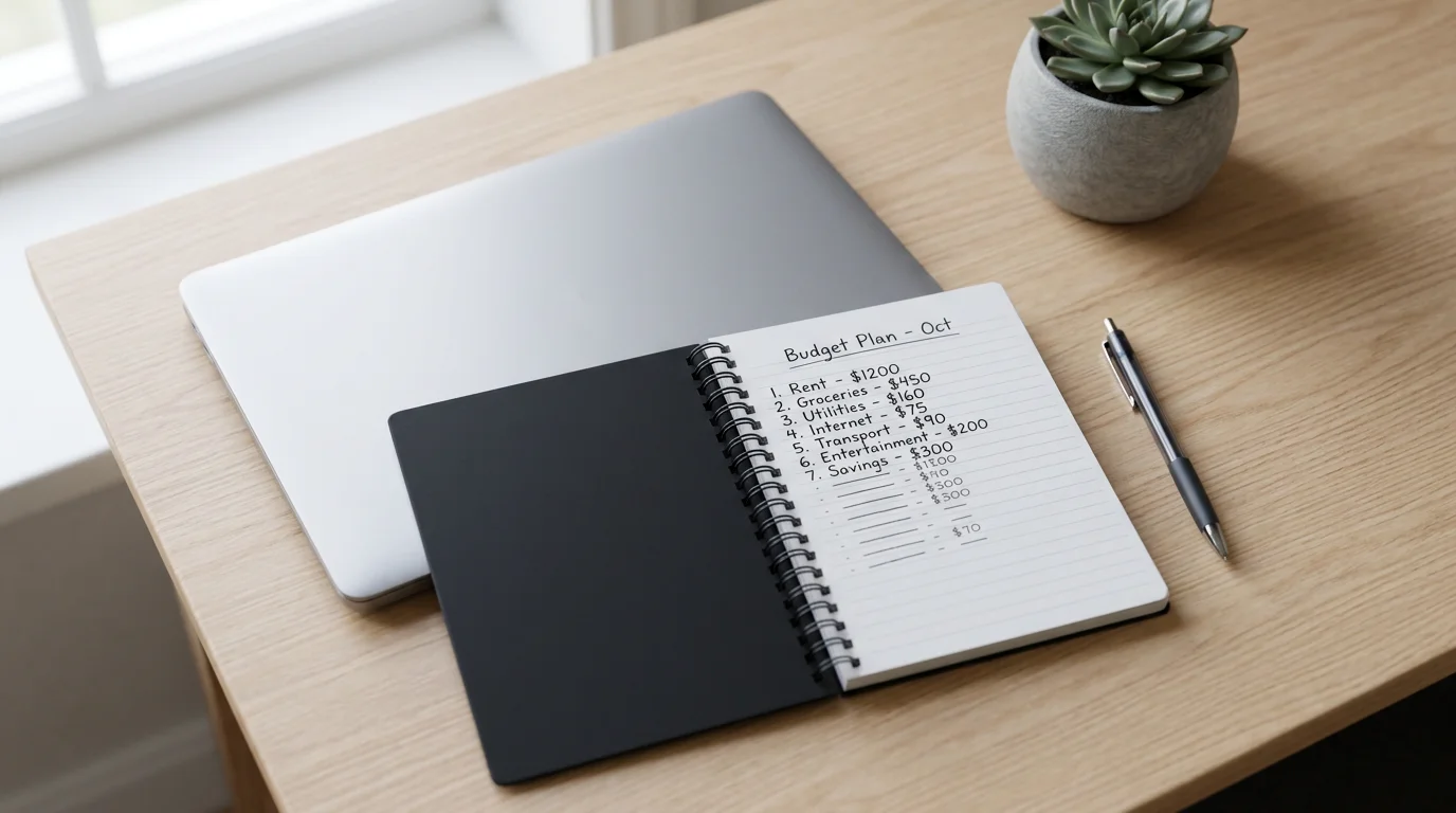 Notebook with a handwritten betting budget plan next to a closed laptop on a desk