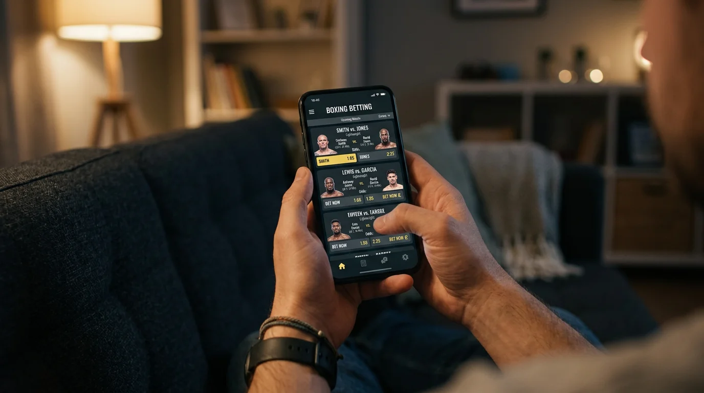 Person placing a boxing bet on a smartphone with a fight card visible on screen